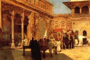 Edwin Lord Weeks - Elephants And Figures In A Courtyard  Fort Agra