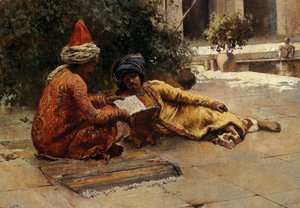 Edwin Lord Weeks - Two Arabs Reading In A Courtyard