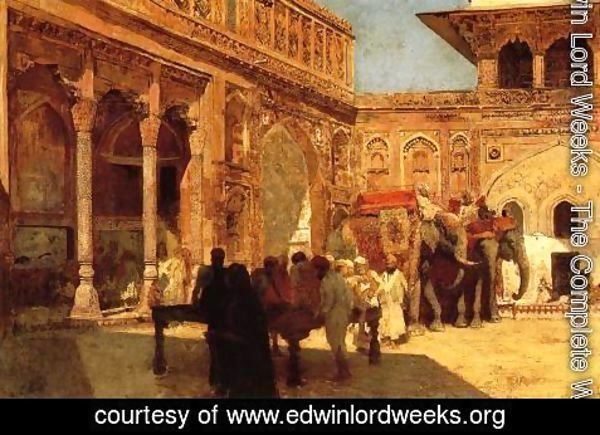 Edwin Lord Weeks - Elephants And Figures In A Courtyard  Fort Agra