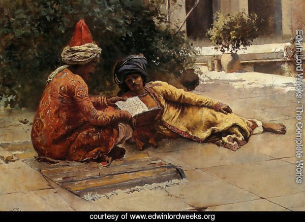 Two Arabs Reading In A Courtyard